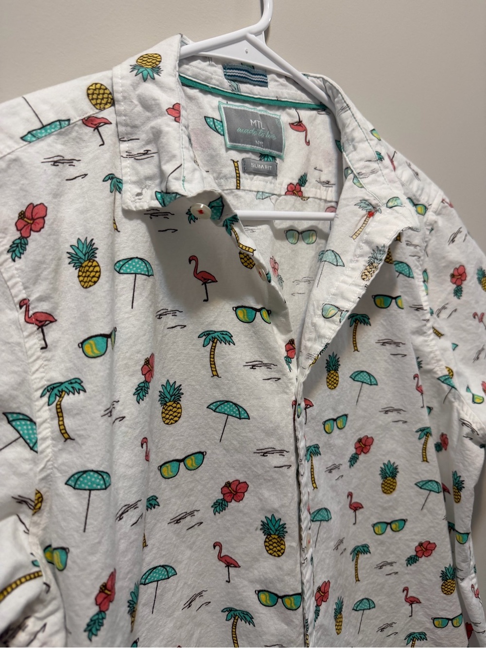 MT White Short-Sleeve Tropical Print Shirt with Teal & Pink Accents
